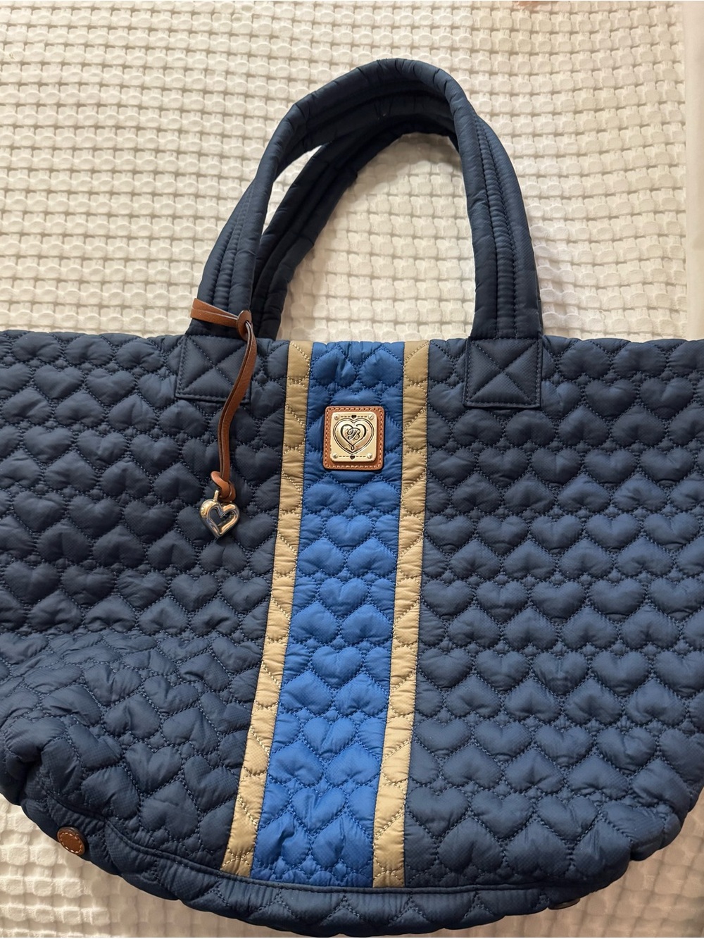 Brighton Navy Quilted Tote with Blue Center Stripe and Tan Trim